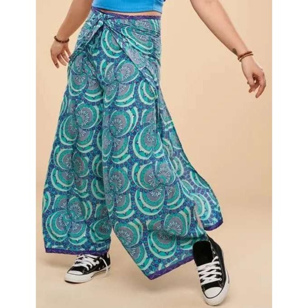 Earthbound Trading Co Womens Teal Purple Mandala Metallic Wrap Wide Leg Pants S